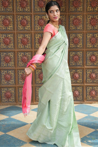 Pastel Sage Green Kanchi Semi Silk Saree with Contrast Pink Pallu