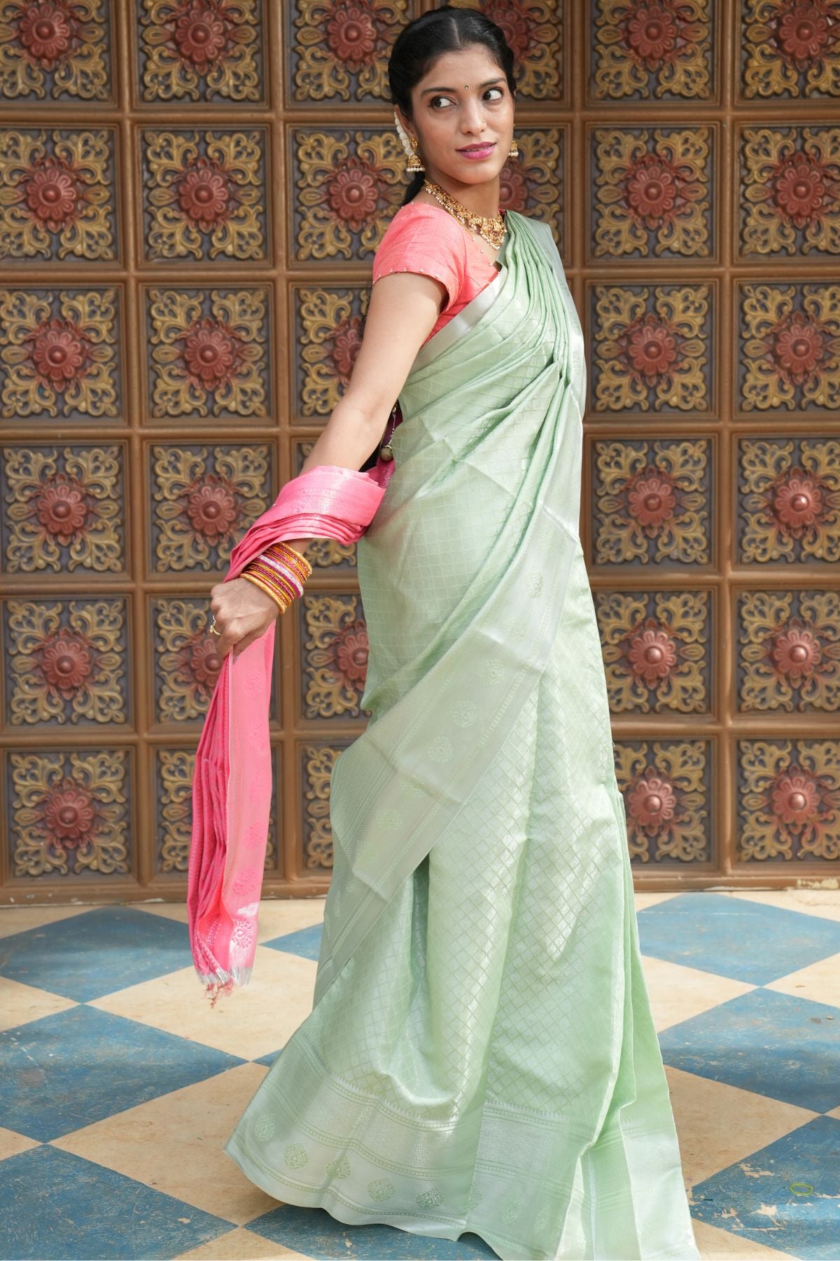 Pastel Sage Green Kanchi Semi Silk Saree with Contrast Pink Pallu