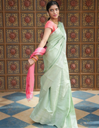 House Of Paramya sage green semi Kanchipuram silk saree with diamond lattice pattern and contrast pink pallu