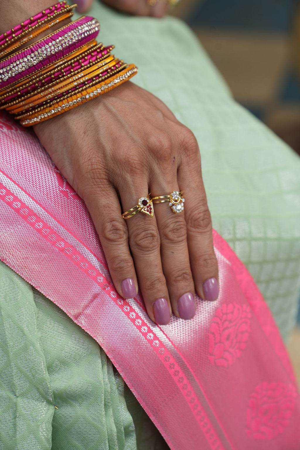 Pastel Sage Green Kanchi Semi Silk Saree with Contrast Pink Pallu