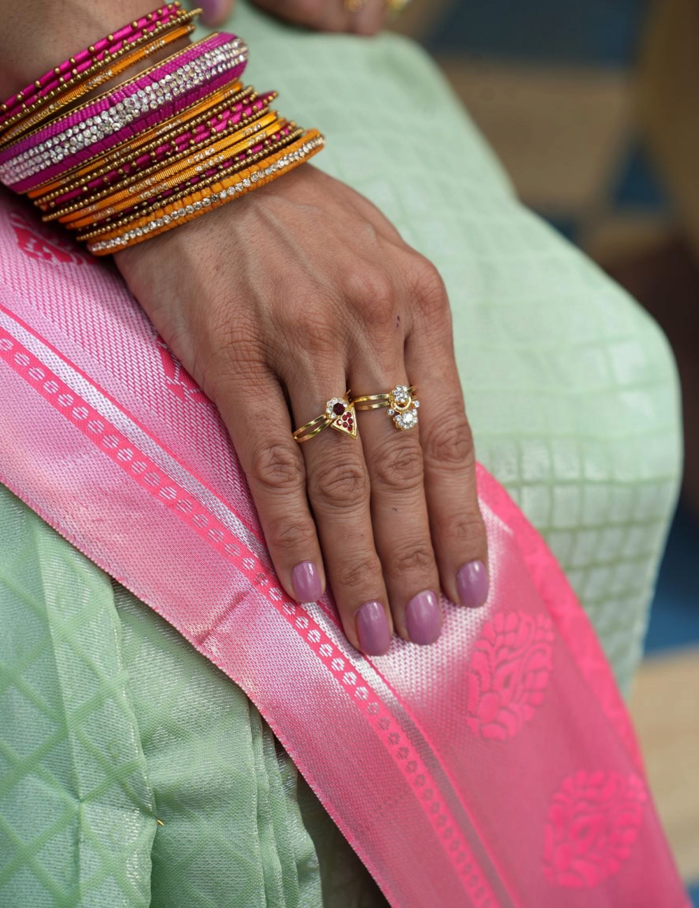 House Of Paramya sage green semi Kanchipuram silk saree with pink pallu, silver zari border, and diamond lattice pattern