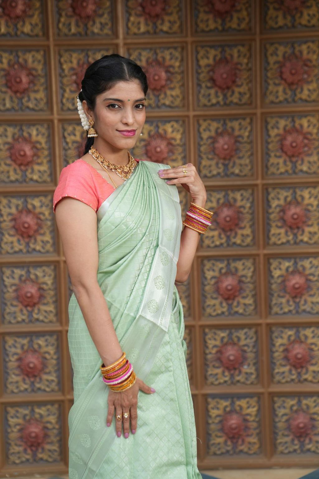 Pastel Sage Green Kanchi Semi Silk Saree with Contrast Pink Pallu