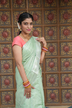 Pastel Sage Green Kanchi Semi Silk Saree with Contrast Pink Pallu