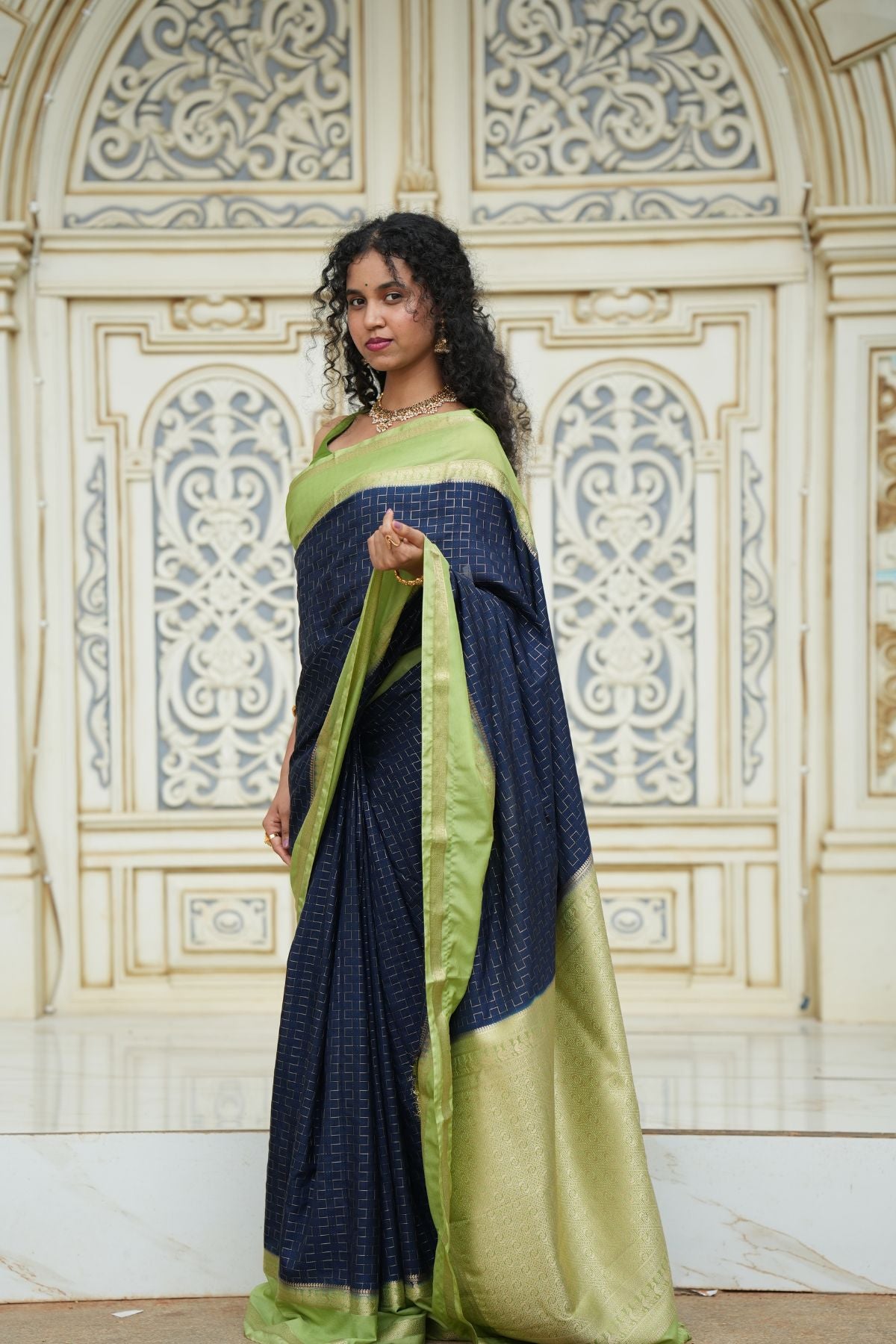 Royal Navy Blue Mysore Silk Saree with Pistachio Green