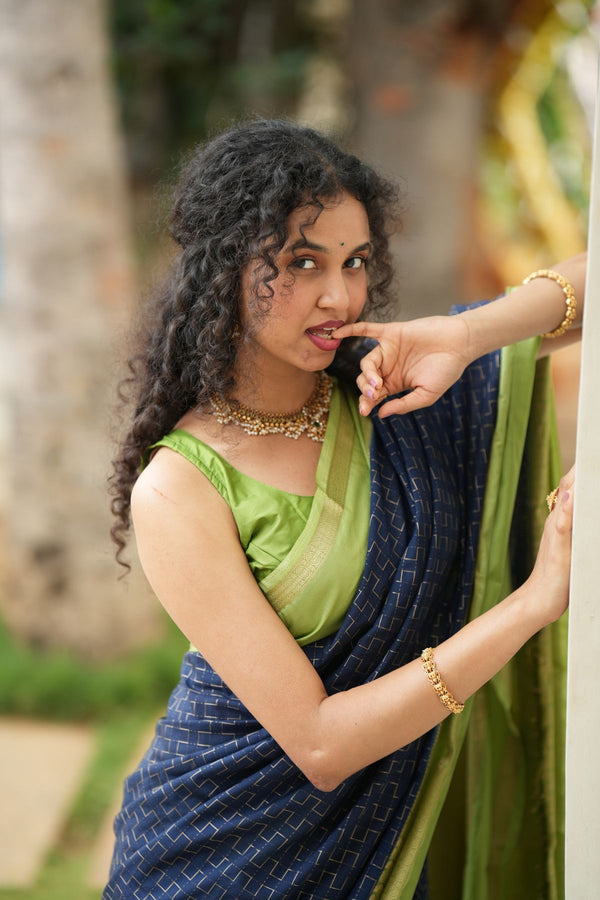 Royal Navy Blue Mysore Silk Saree with Pistachio Green