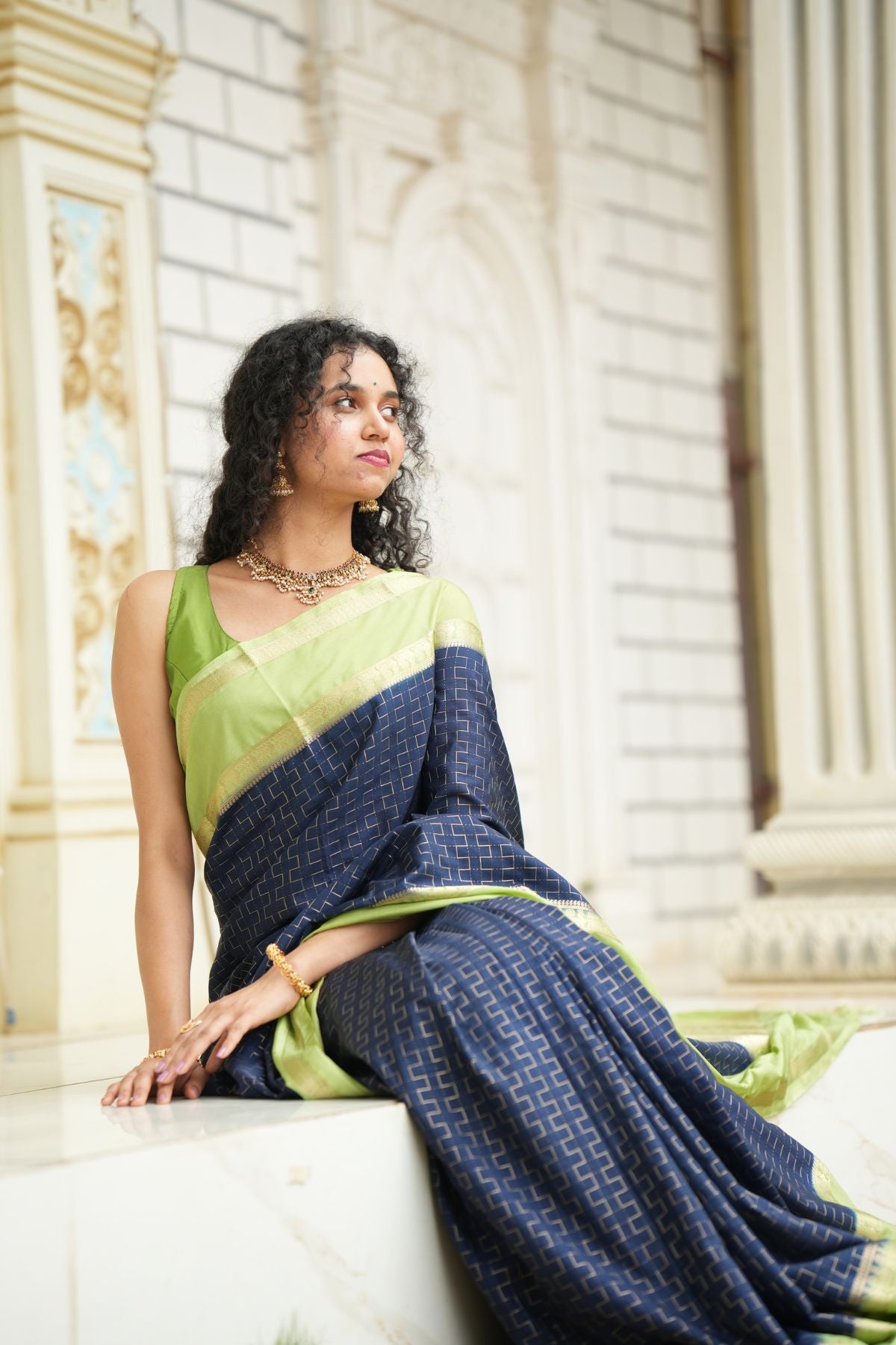 Royal Navy Blue Mysore Silk Saree with Pistachio Green