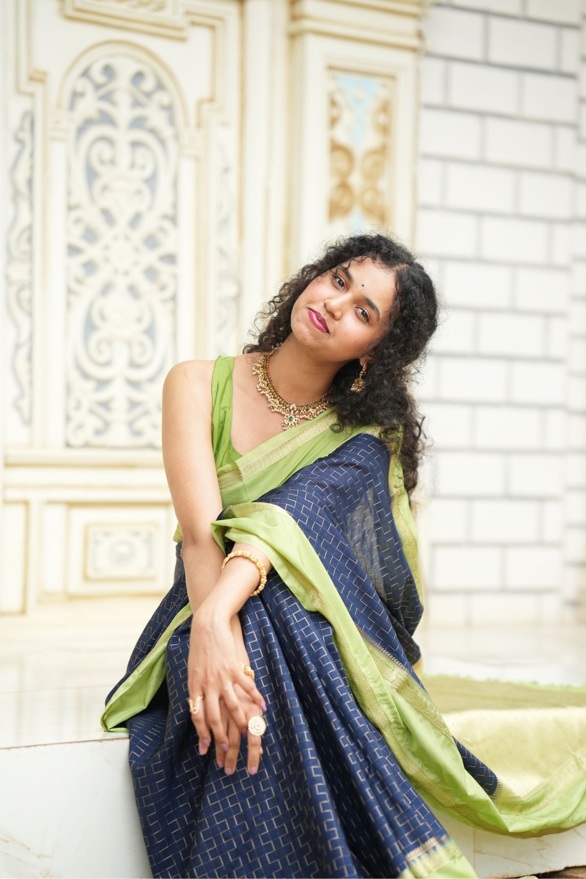Royal Navy Blue Mysore Silk Saree with Pistachio Green