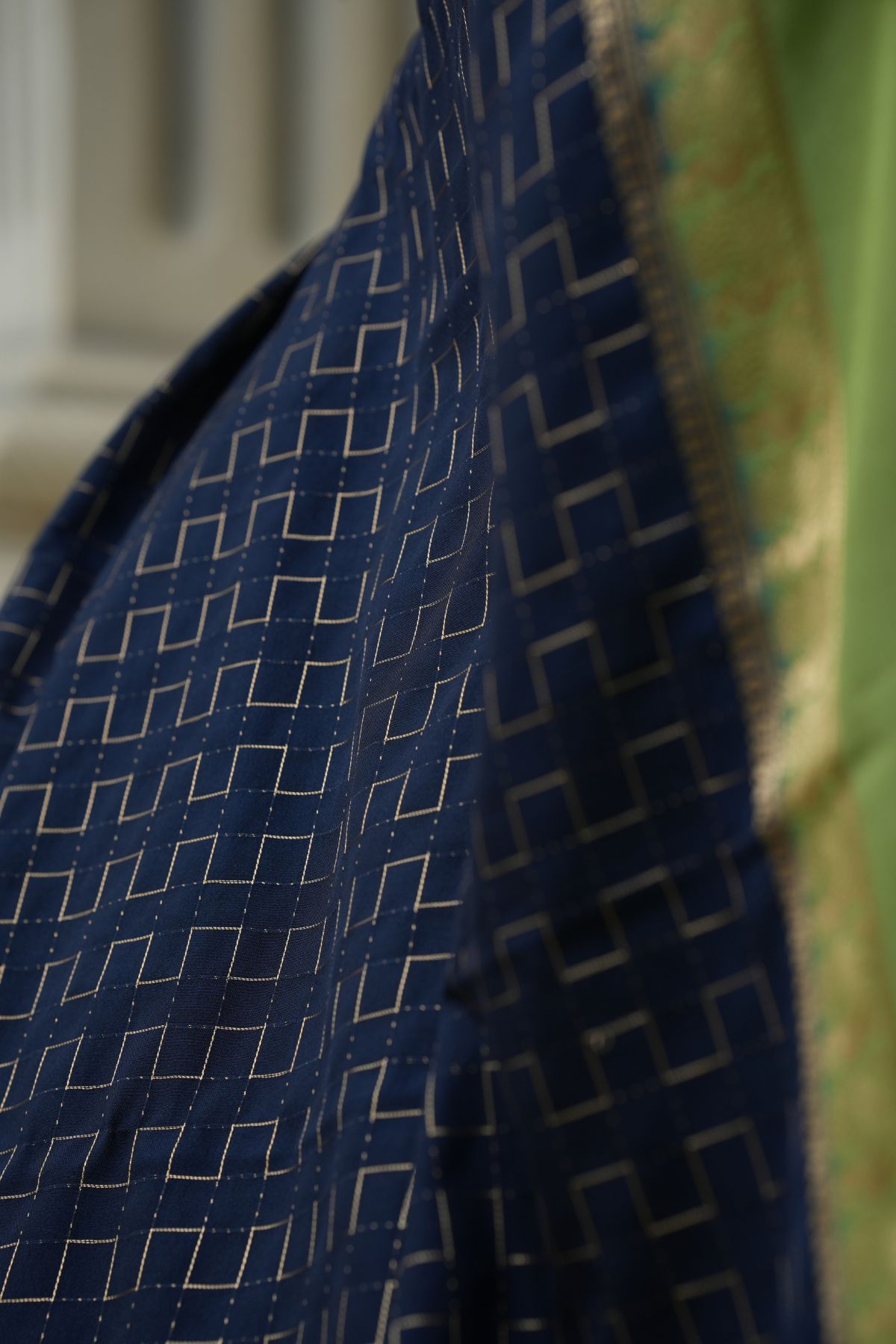 Royal Navy Blue Mysore Silk Saree with Pistachio Green