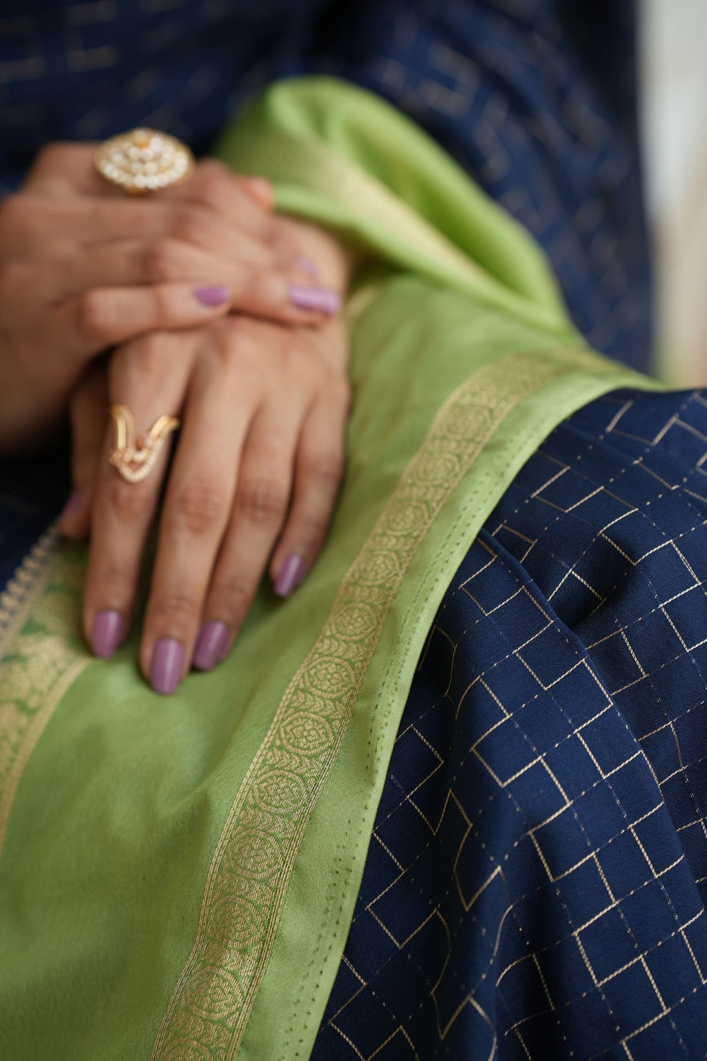 Pure Mysore Silk Saree - Royal Navy Blue & Pistachio Green with Geometric Zari & Silver Border