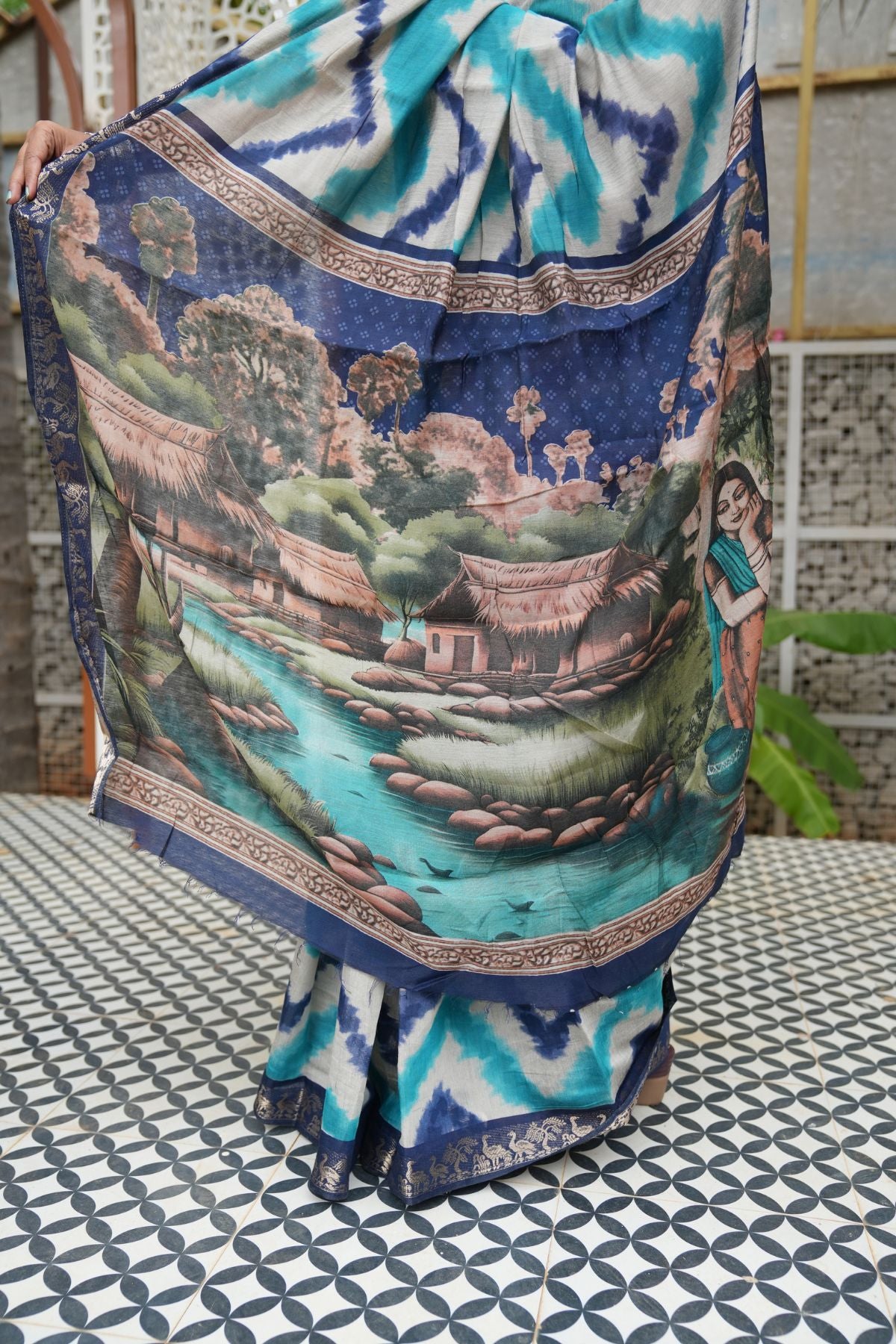 Blue Tie-Dye Linen Silk Saree with Navy Blue