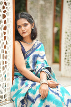 Tie-Dye Linen Silk Saree - Light Blue, Aqua & Navy with Motif Zari Border