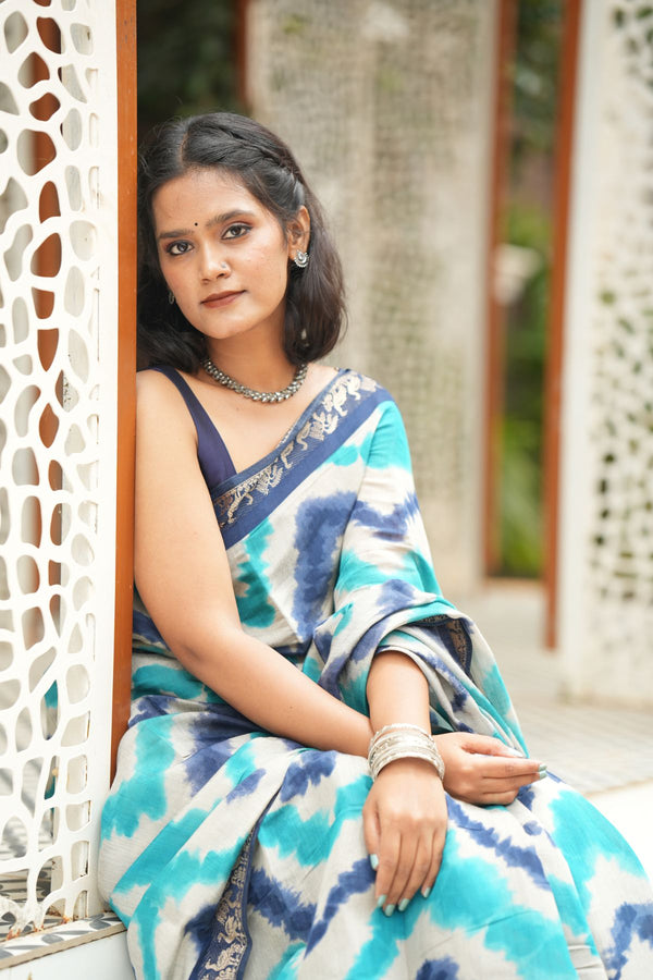 Blue Tie-Dye Linen Silk Saree with Navy Blue