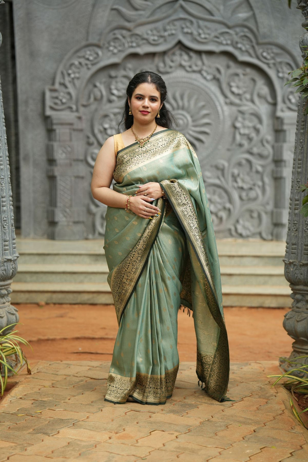 Tissue Silk Saree - Lux Green & Bottle Green with Woven Butta & Silver Zari Border
