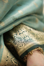 Tissue Silk Saree - Lux Green & Bottle Green with Woven Butta & Silver Zari Border