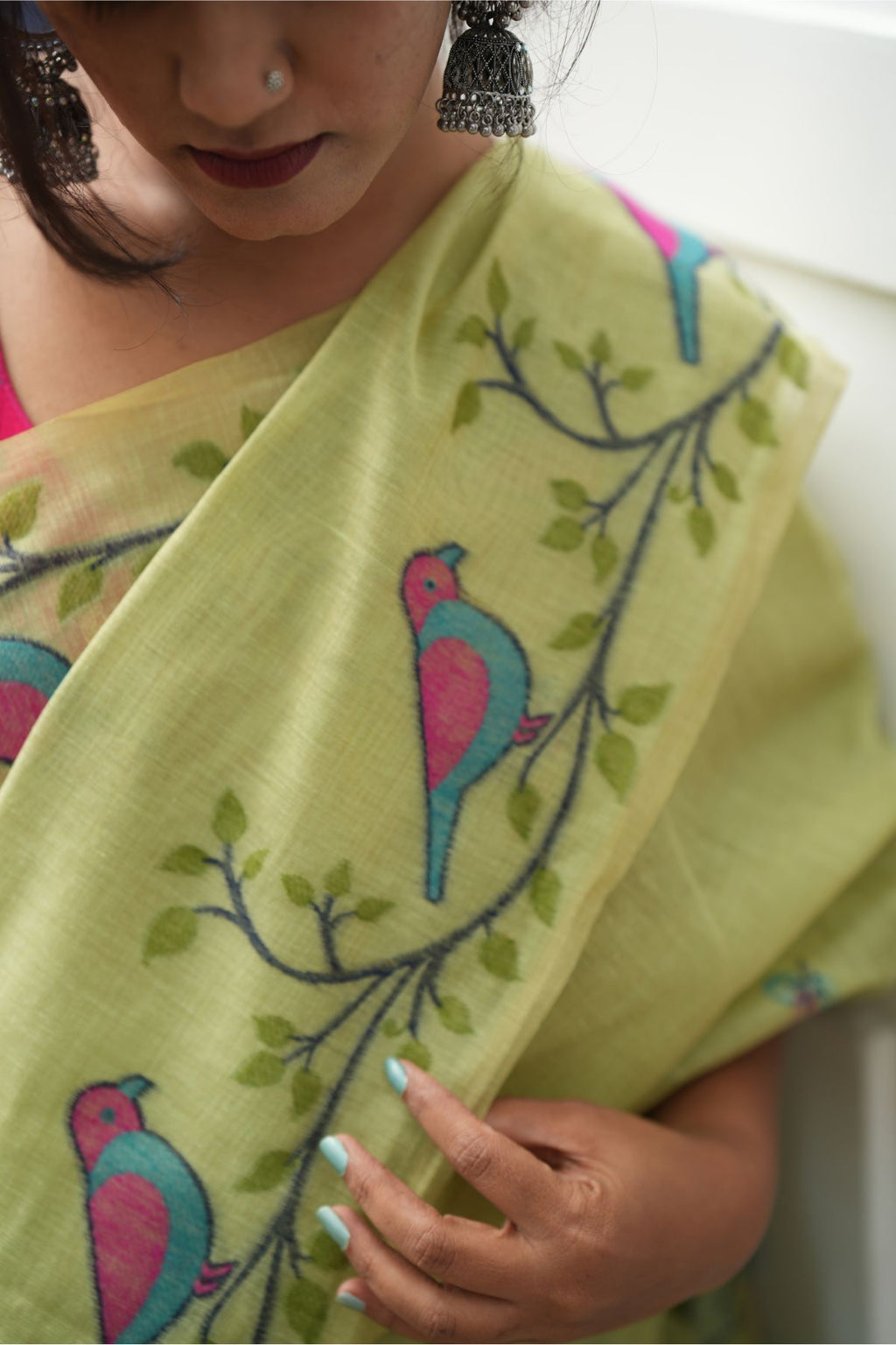 Pure Khadi Cotton Jamdani Saree - Lime Green with Bird & Vine Motifs