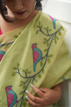 Pure Khadi Cotton Jamdani Saree - Lime Green with Bird & Vine Motifs