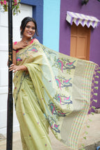 Pure Khadi Cotton Jamdani Saree - Lime Green with Bird & Vine Motifs