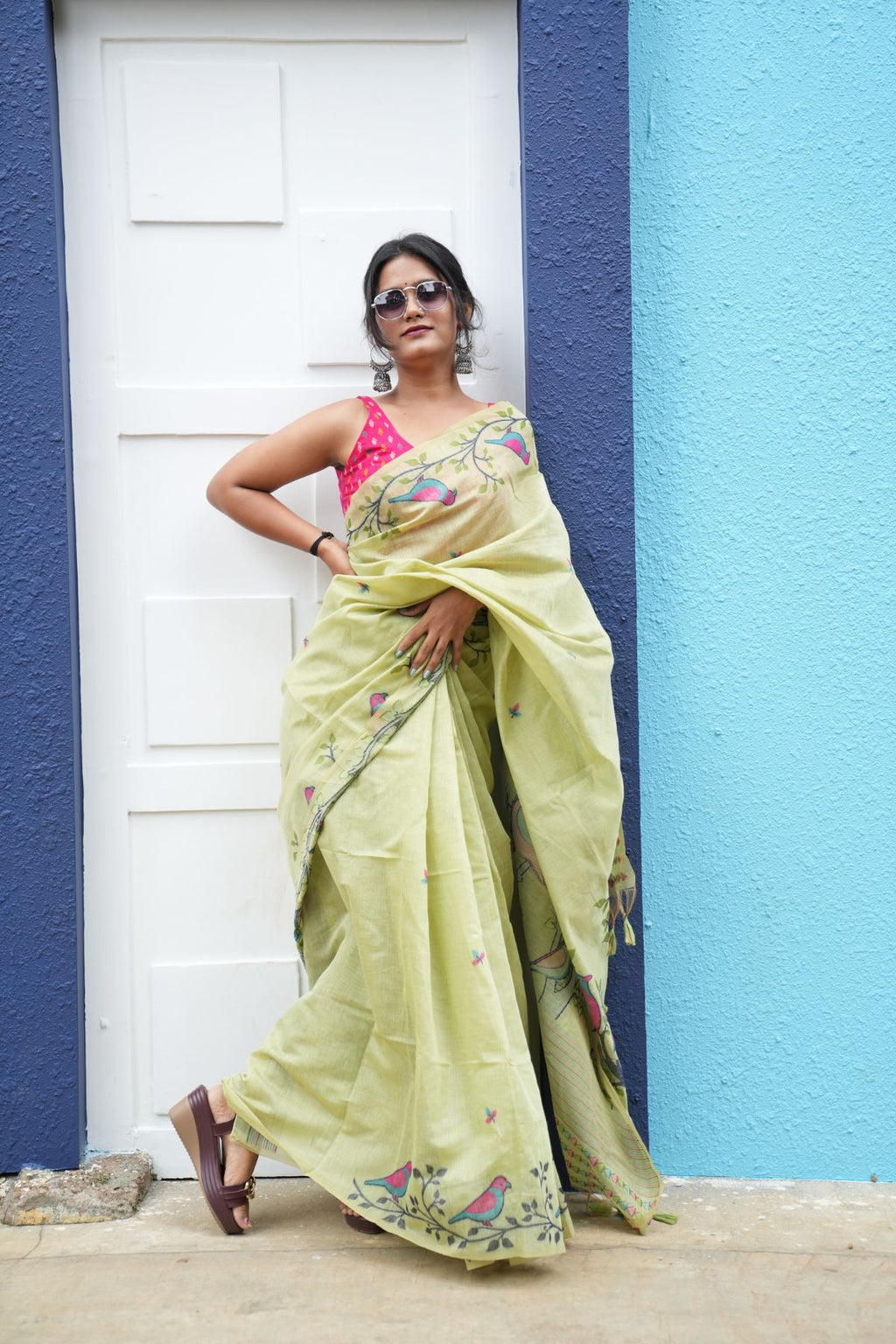 Pure Khadi Cotton Jamdani Saree - Lime Green with Bird & Vine Motifs
