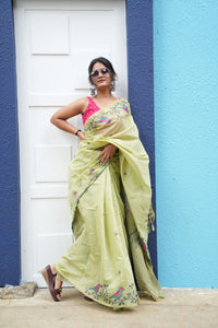 Lime Green Khadi Cotton Jamdhani Saree with Bird Motif