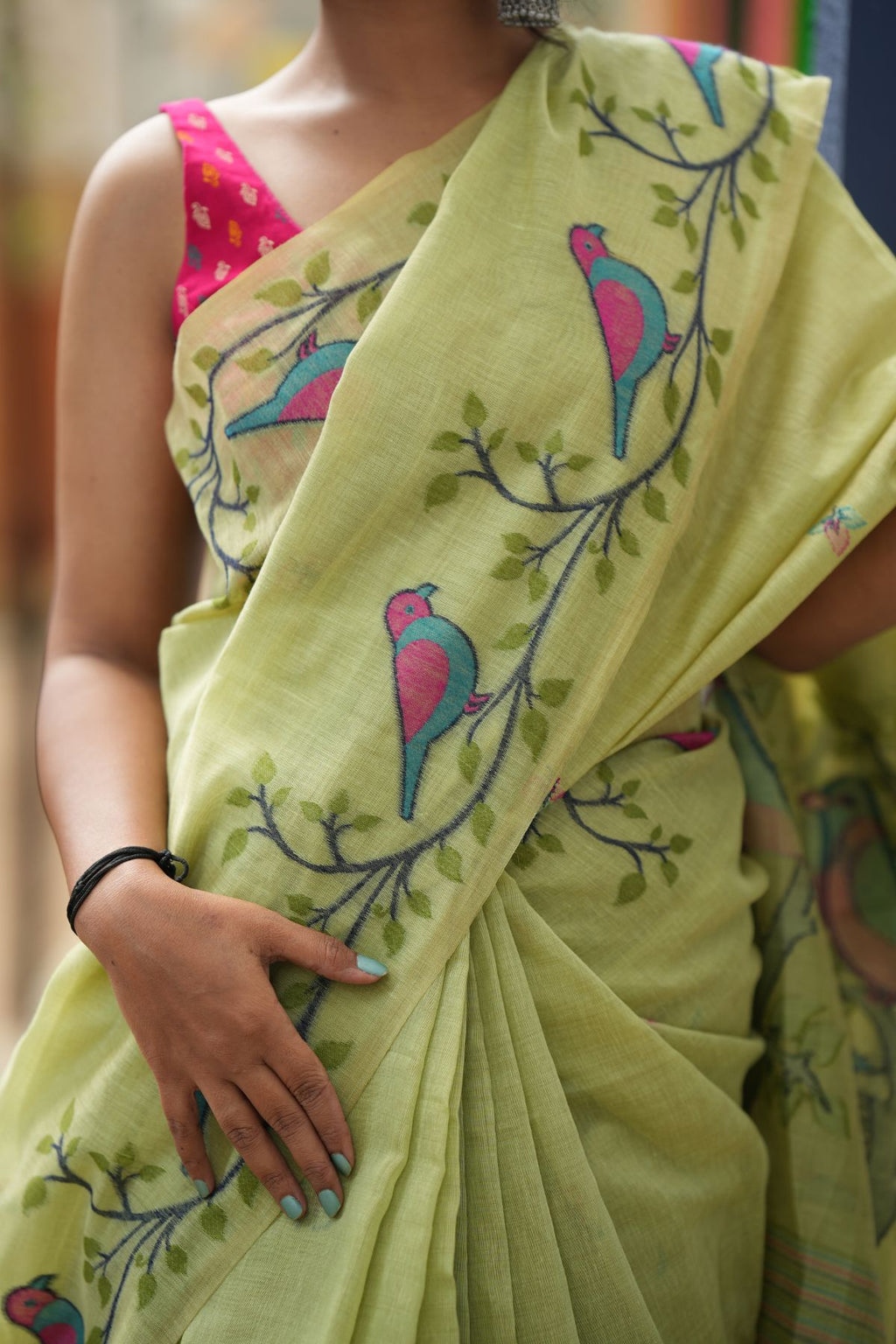 Pure Khadi Cotton Jamdani Saree - Lime Green with Bird & Vine Motifs