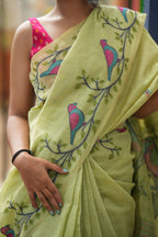 Pure Khadi Cotton Jamdani Saree - Lime Green with Bird & Vine Motifs