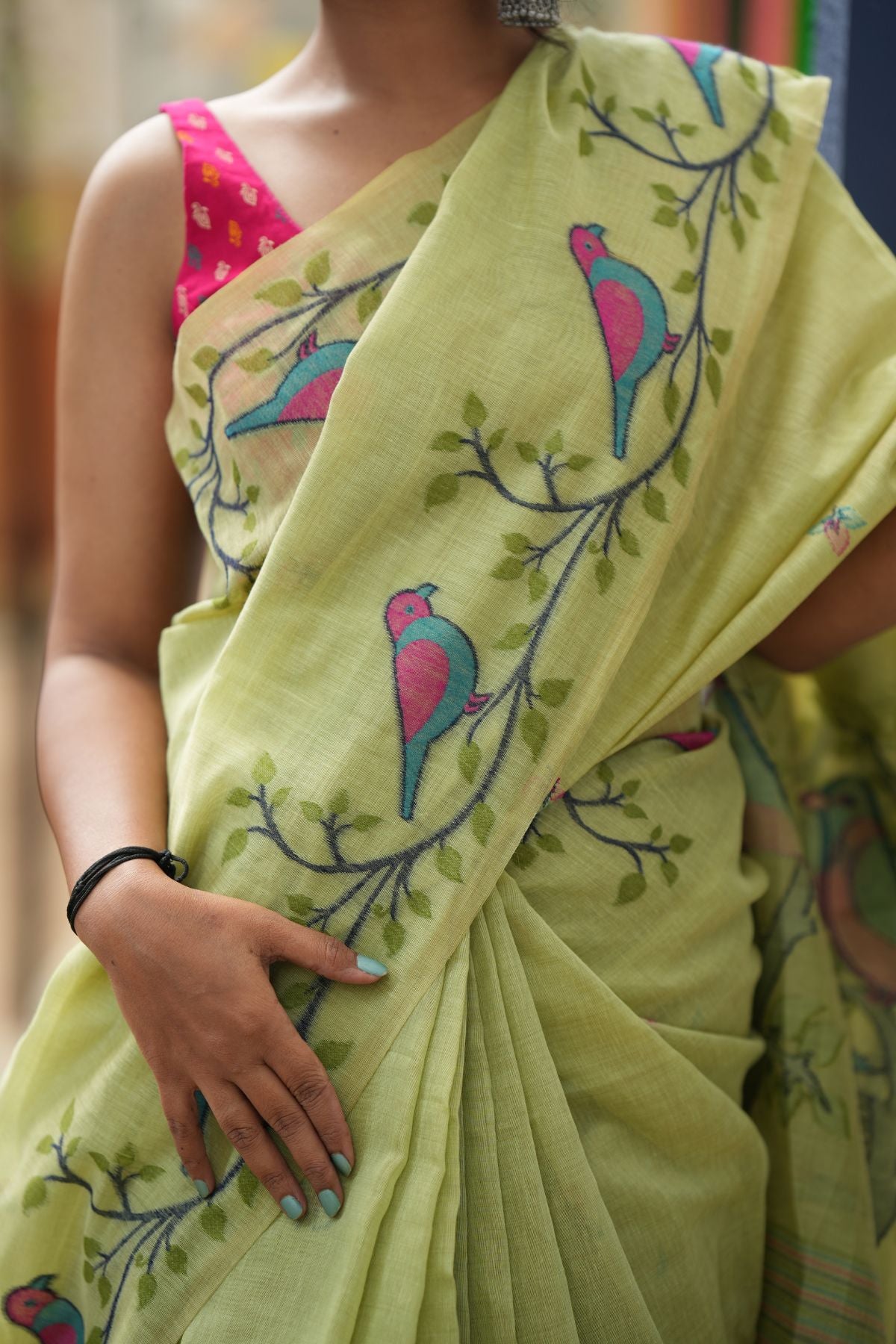 Pure Khadi Cotton Jamdani Saree - Lime Green with Bird & Vine Motifs