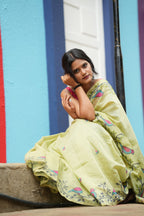 Pure Khadi Cotton Jamdani Saree - Lime Green with Bird & Vine Motifs