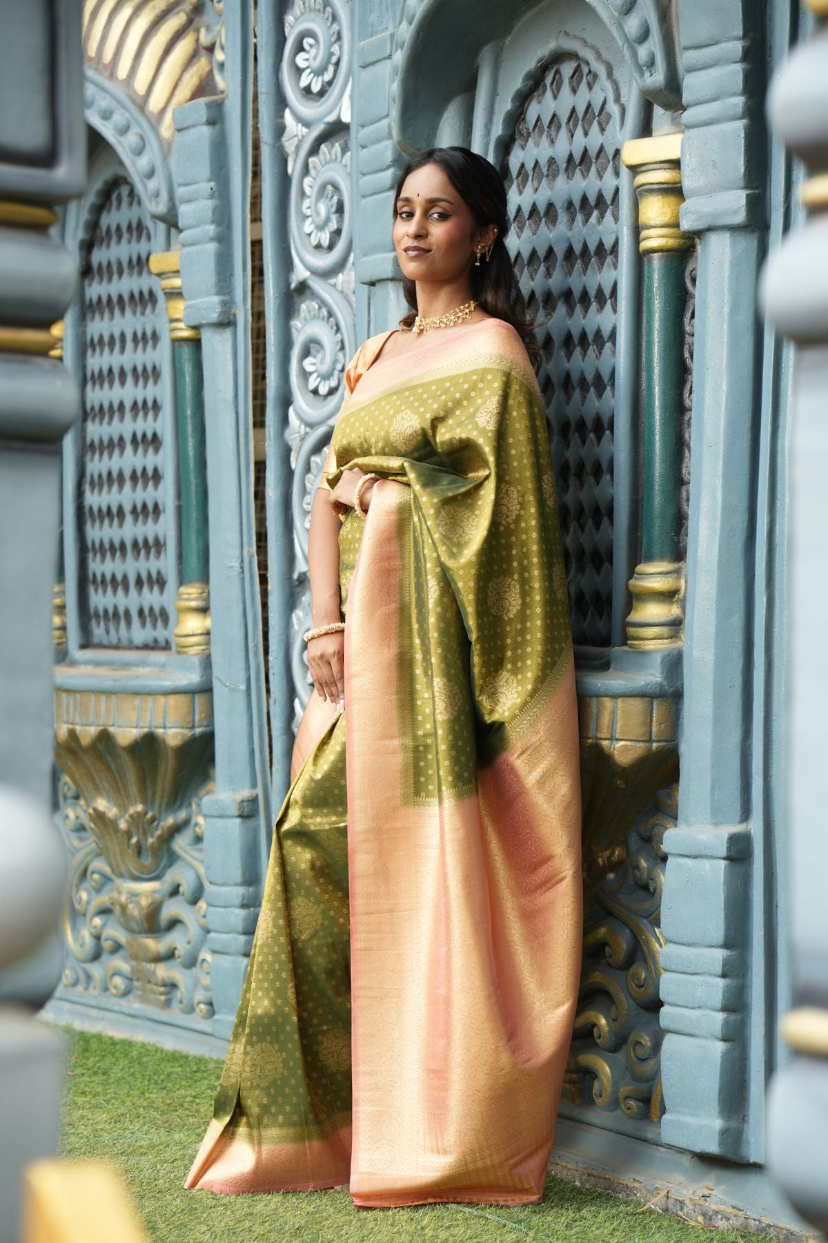 Olive Green Saree with Peach Tissue Saree