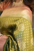 Tissue Silk Saree - Olive Green & Baby Pink with Floral Butta Brocade Weave