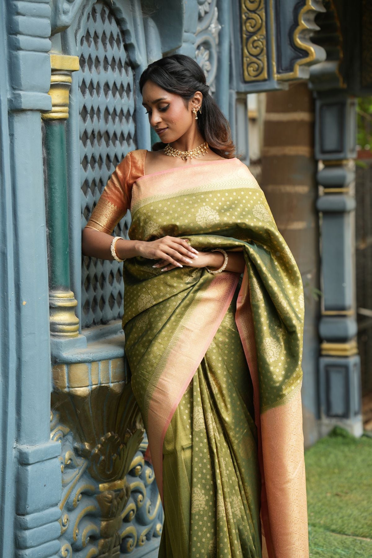 Olive Green Saree with Peach Tissue Saree