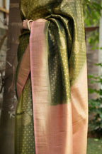 Tissue Silk Saree - Olive Green & Baby Pink with Floral Butta Brocade Weave