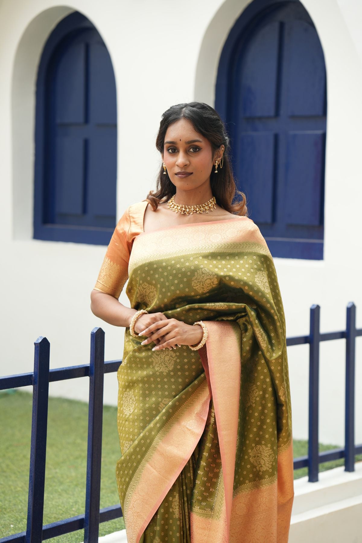 Olive Green Saree with Peach Tissue Saree