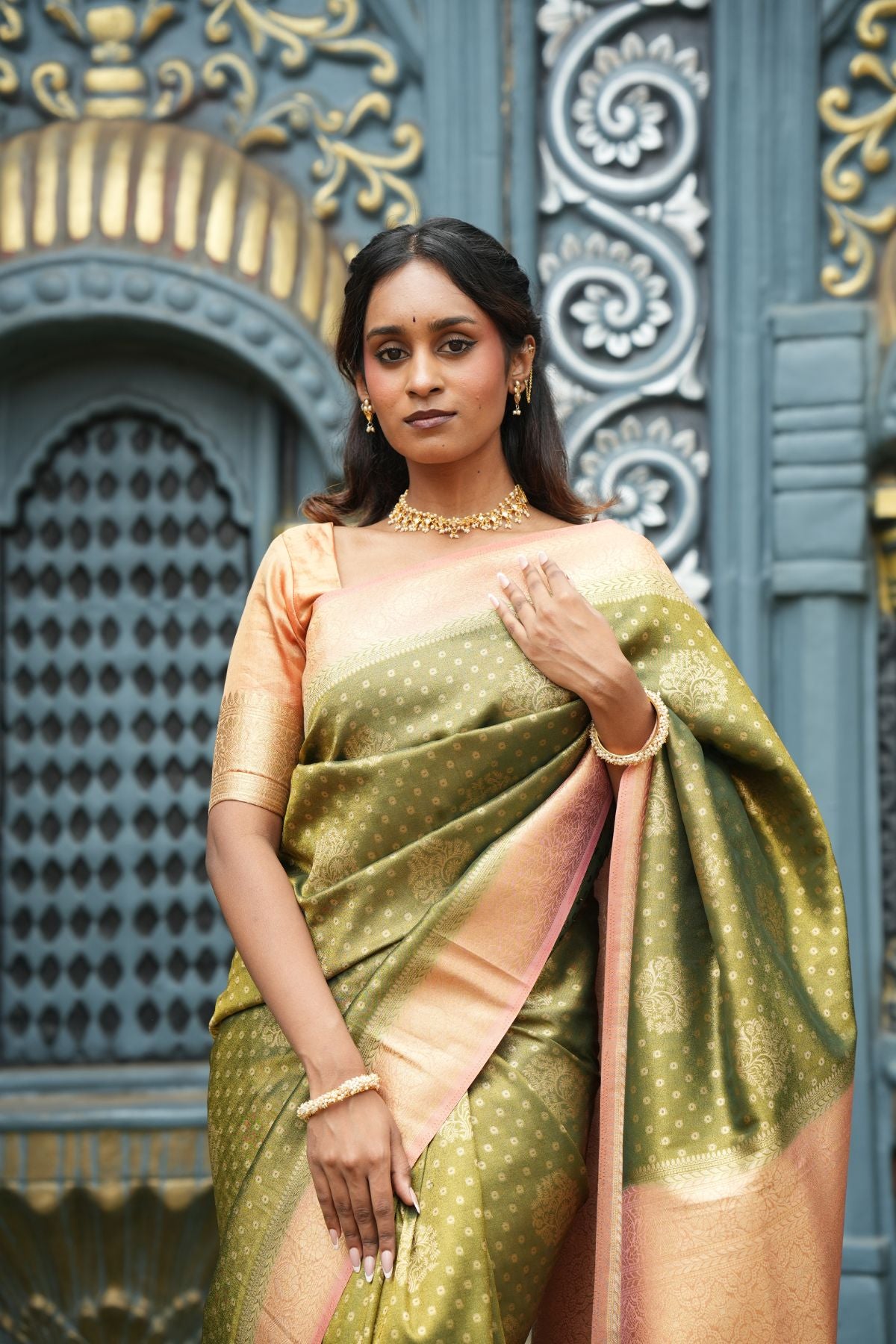 Olive Green Saree with Peach Tissue Saree