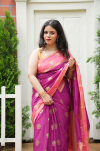 Royal Purple Mysore Silk Saree with Gandaberunda Motifs & Temple Border