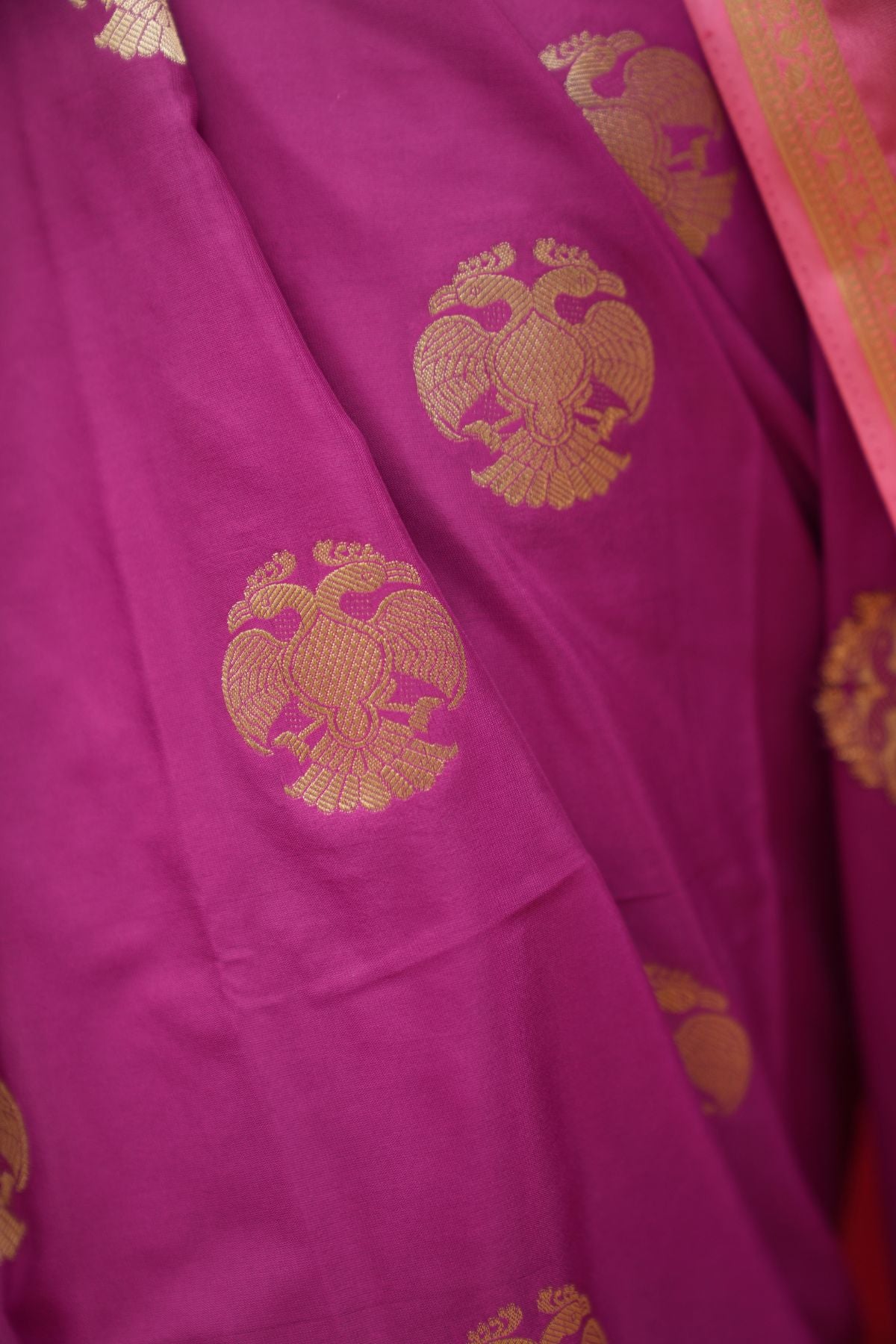 Royal Purple Mysore Silk Saree with Gandaberunda Motifs & Temple Border