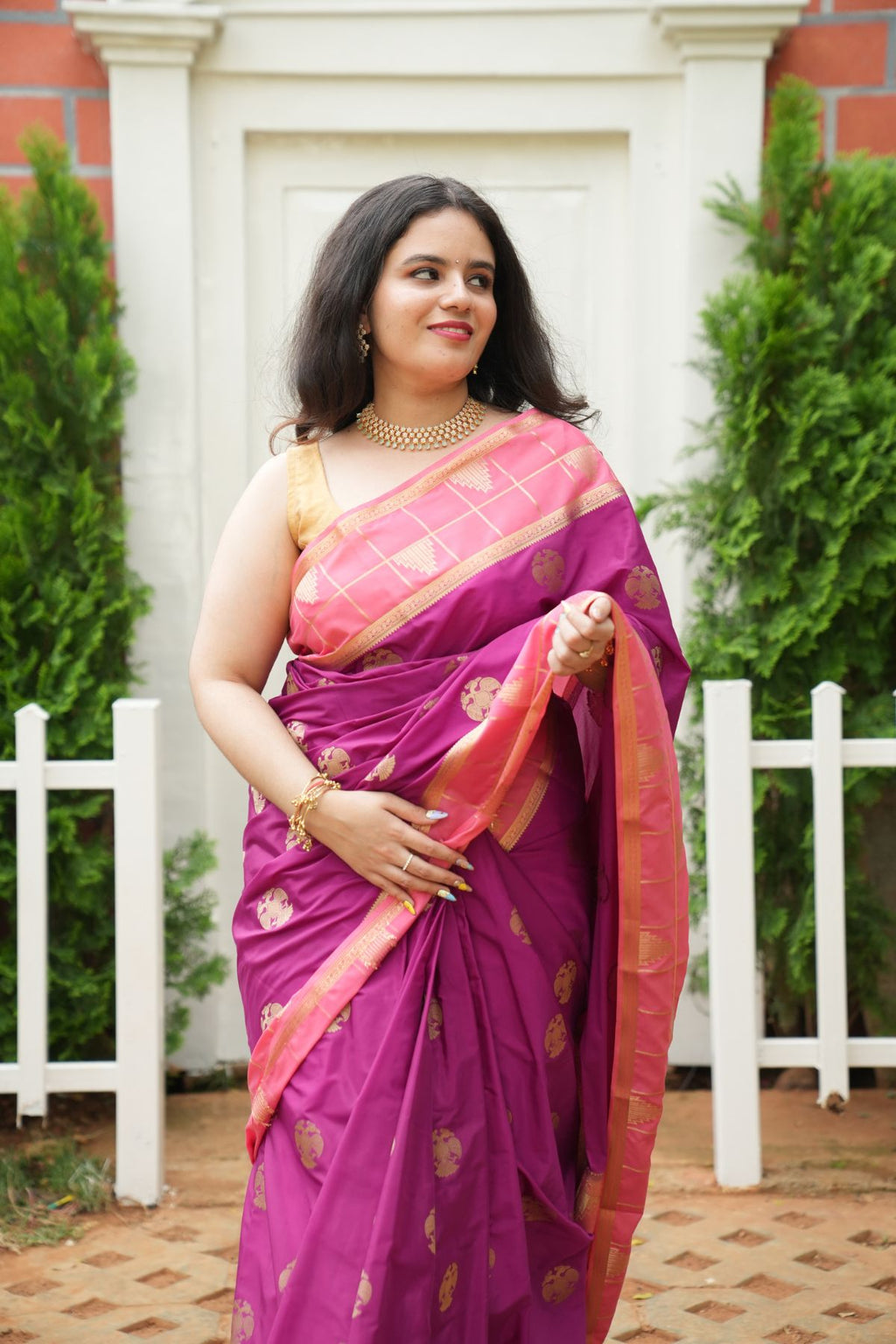 Mysore Silk Saree - Royal Purple with Gandaberunda Motifs & Checked Temple Border