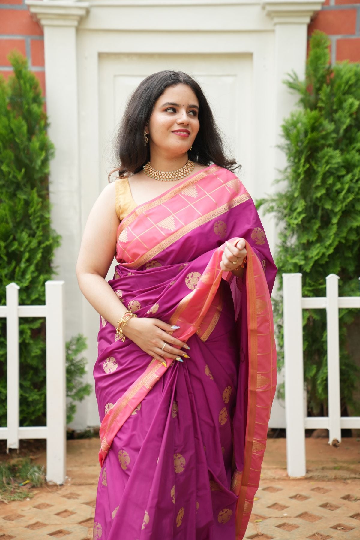 Royal Purple Mysore Silk Saree with Gandaberunda Motifs & Temple Border