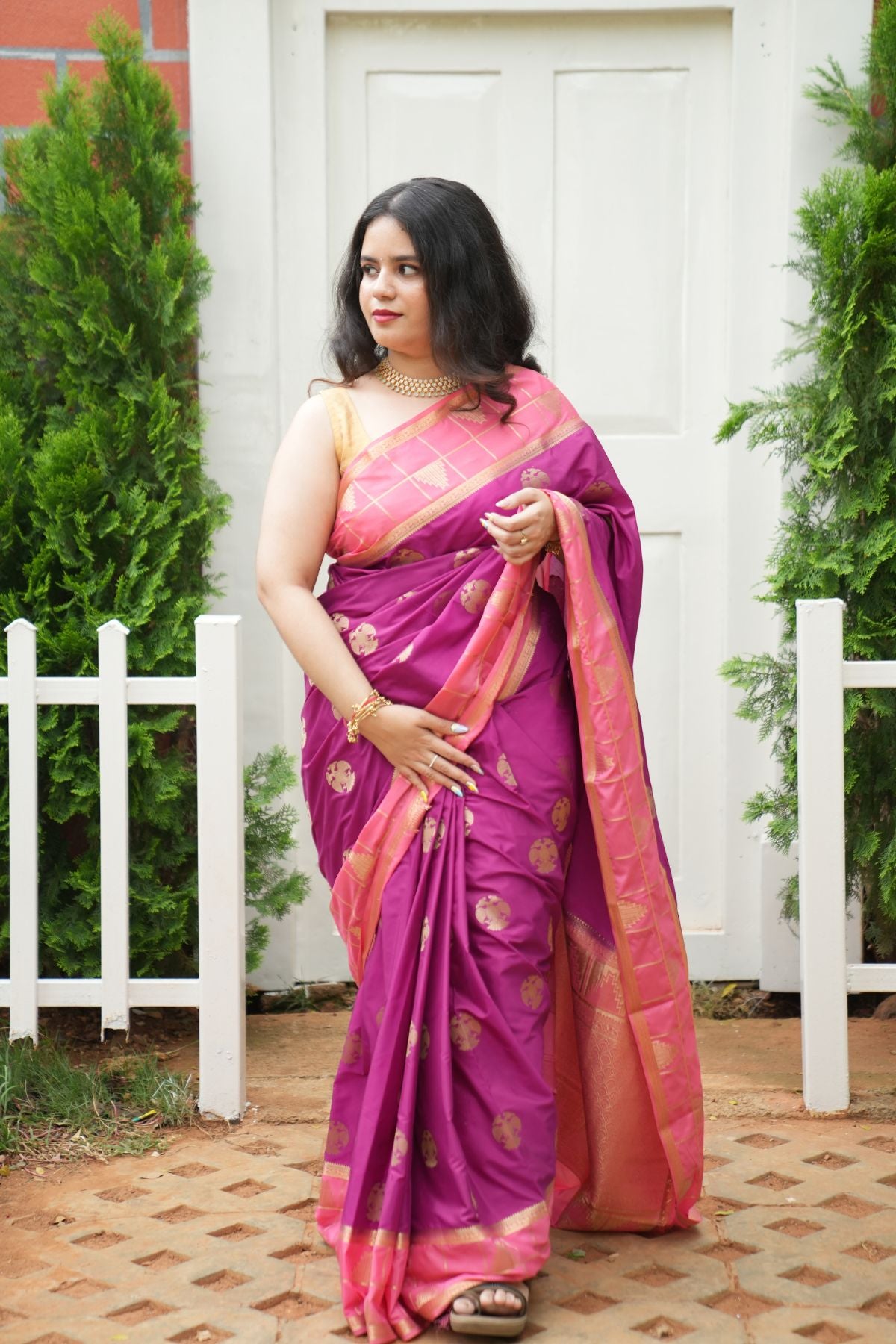 Royal Purple Mysore Silk Saree with Gandaberunda Motifs & Temple Border